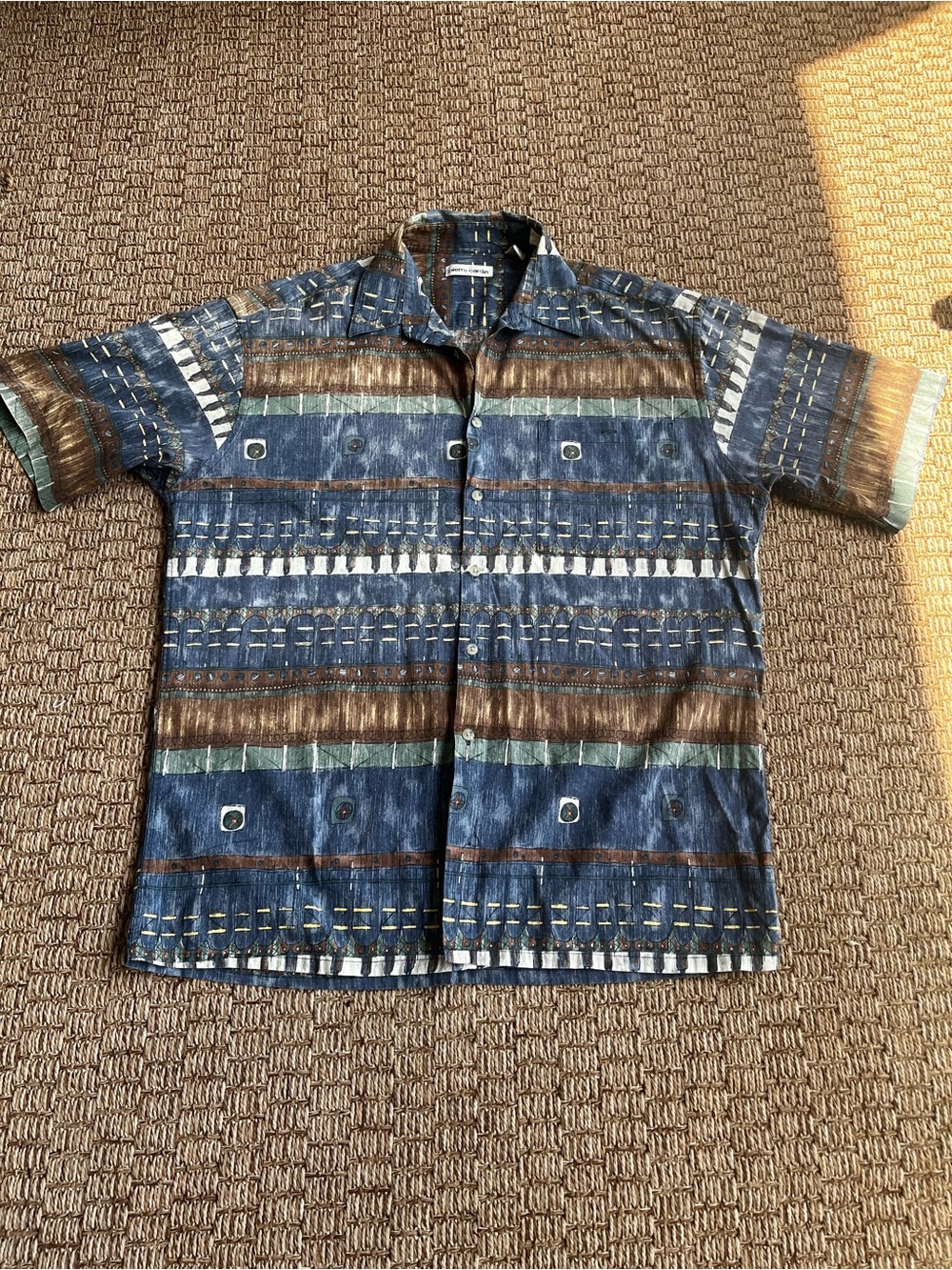 Vintage Pierre Cardin Blue, Brown & Yellow Aztec Patterned Short-Sleeve Shirt